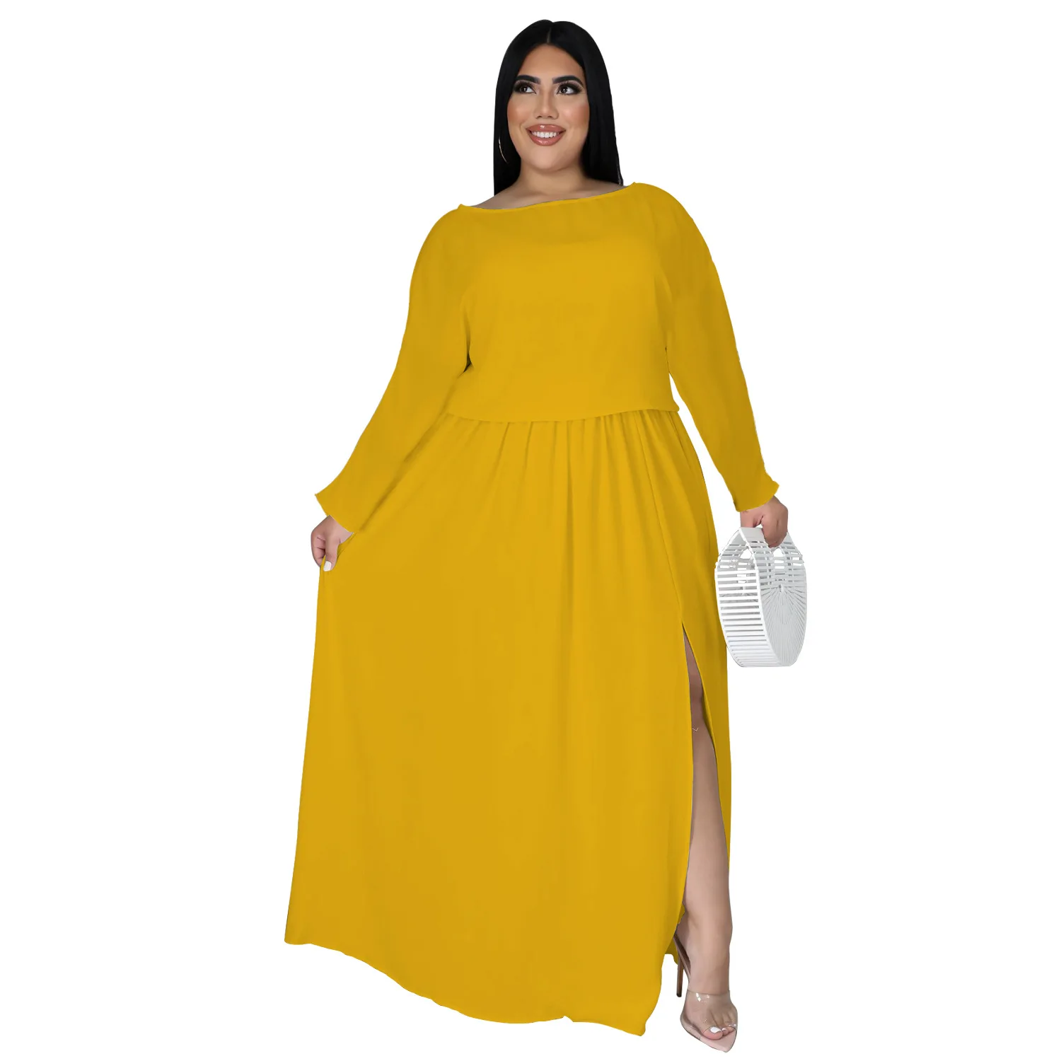 

HAOOHU Plus Size Fashion Dress Soild 2 Piece Sets Long Sleeve Autumn Large Swing Slit Skirt Suit Loose Casual Fall Clothes 2023