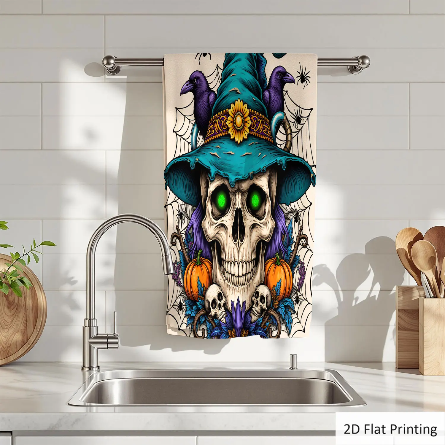 1 toalla de mano para baño con diseño de calavera, sombrero de bruja, calabazas y cuervos para Halloween, toalla de microfibra de poliéster de varios tamaños, toallas decorativas únicas para el hogar y la cocina, accesorios decorativos para el baño, de secado rápido y absorbente.