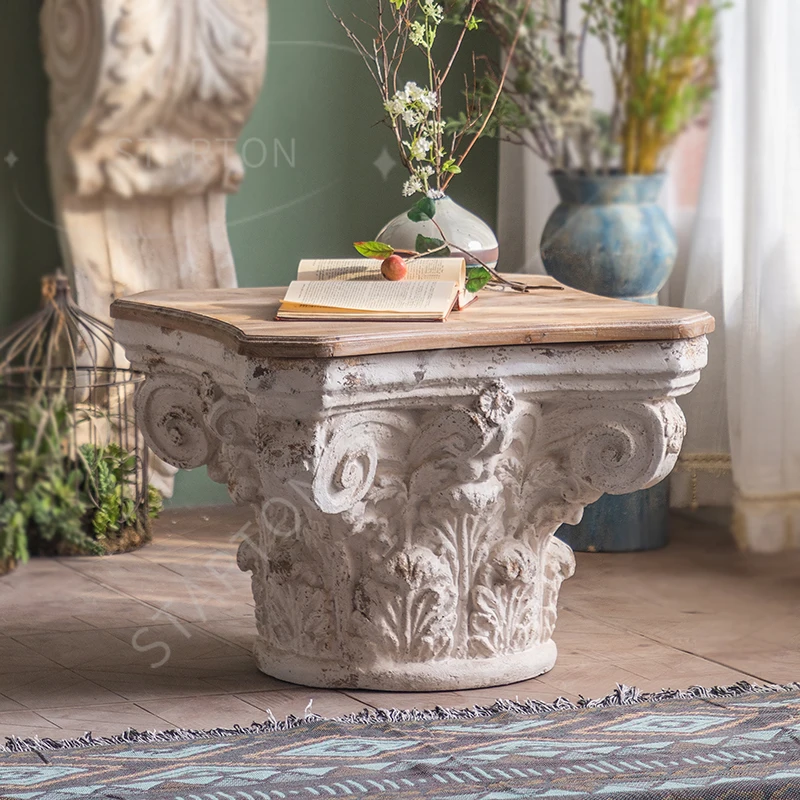 Corinthian Capital Coffee Table, Pinewood and Magnesia Design, Antique-Inspired Home Decor
