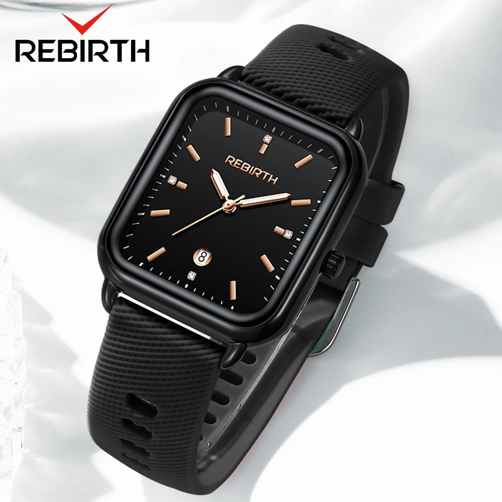 Модные брендовые женские часы Rebirth, водонепроницаемые кварцевые повседневные элегантные силиконовые простые прямоугольные часы с календарем, студенческие часы в стиле ретро