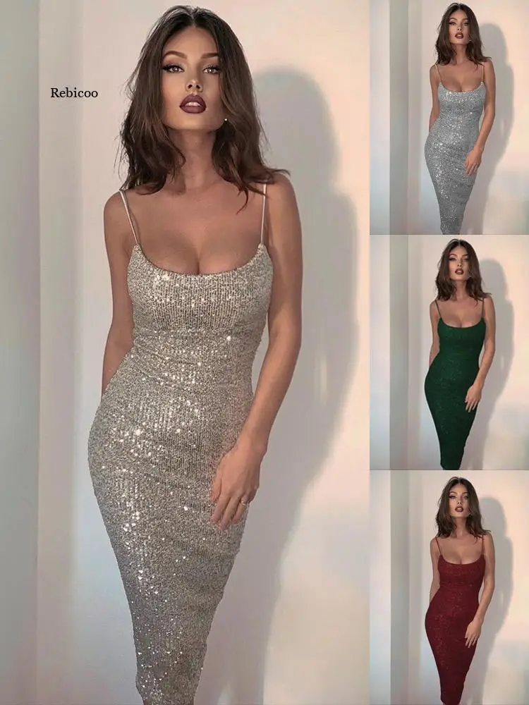 

New Fashion Sequined Spaghetti Strap Sexy Backless Bodycon Midi Dress For Women Evening Party Vestidos