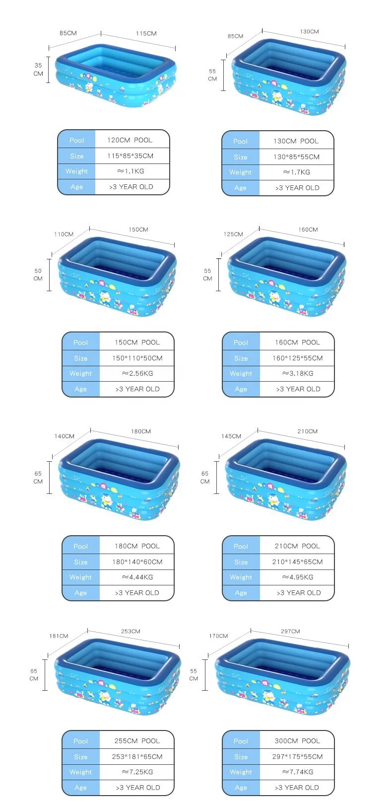 P&D Piscine gonflable 297*172*55cm Rectangular Kids Pools Swimming Outdoor Family Big inflatable pool 4m