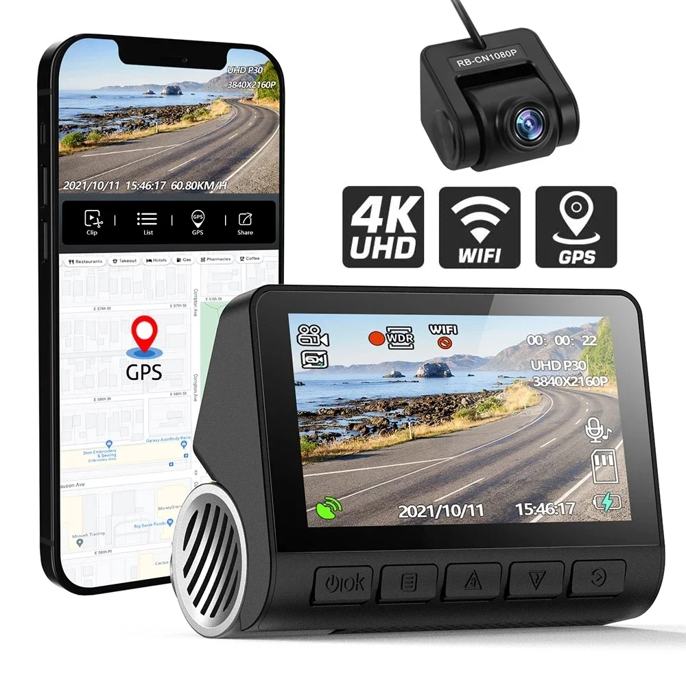 V55 Dashcam 4K Met Gps Dual Lens Dash Camera Auto Dvr 4K Wifi Met App Voor En Achter Dual 2 Kanaals 4K Dash Cam