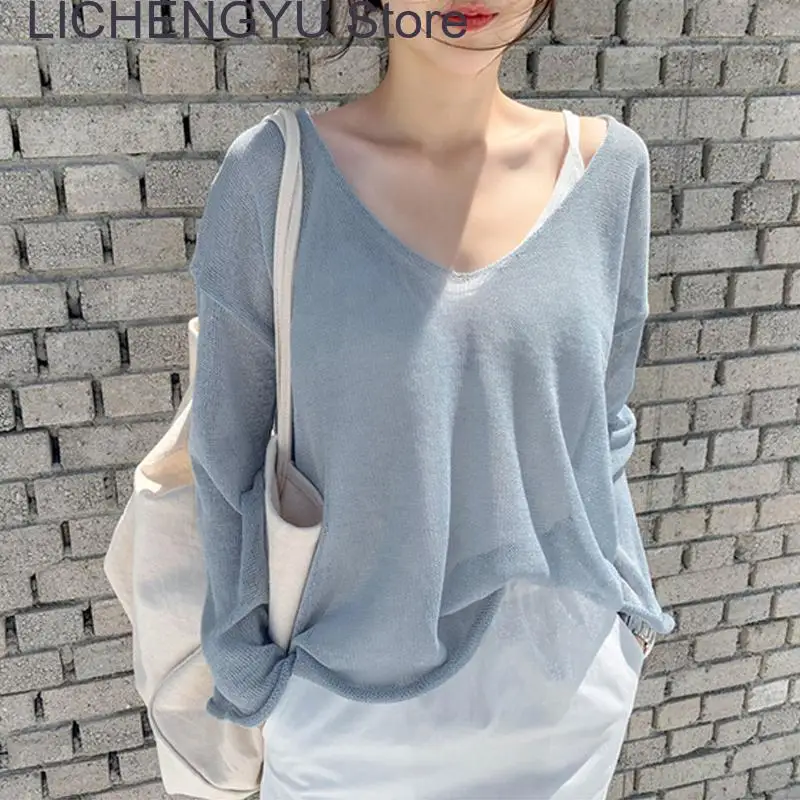 

Spring and Summer New Super Thin Sexy V-neck Pullover Tops Solid Color Korean Loose Sunscreen Perspective Sweater