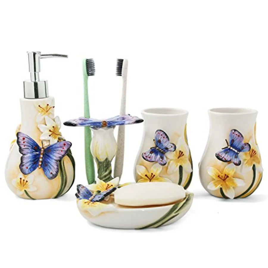 

Ceramic Bathroom Accessory Set Dancing Butterfly 5 Pieces Including Toothbrush Holders 2 Gargle Tooth-Brushing Cups Soap Dishes
