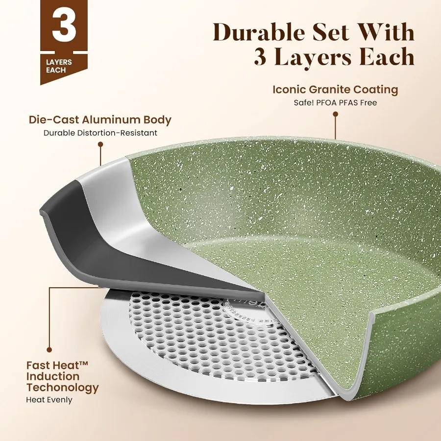 17 قطعة طقم أواني طهي التعريفي مع صينية للمطبخ المنزلي استخدام الجرانيت الأخضر أواني ومقالي غير لاصقة مجموعة صحية غير لاصقة