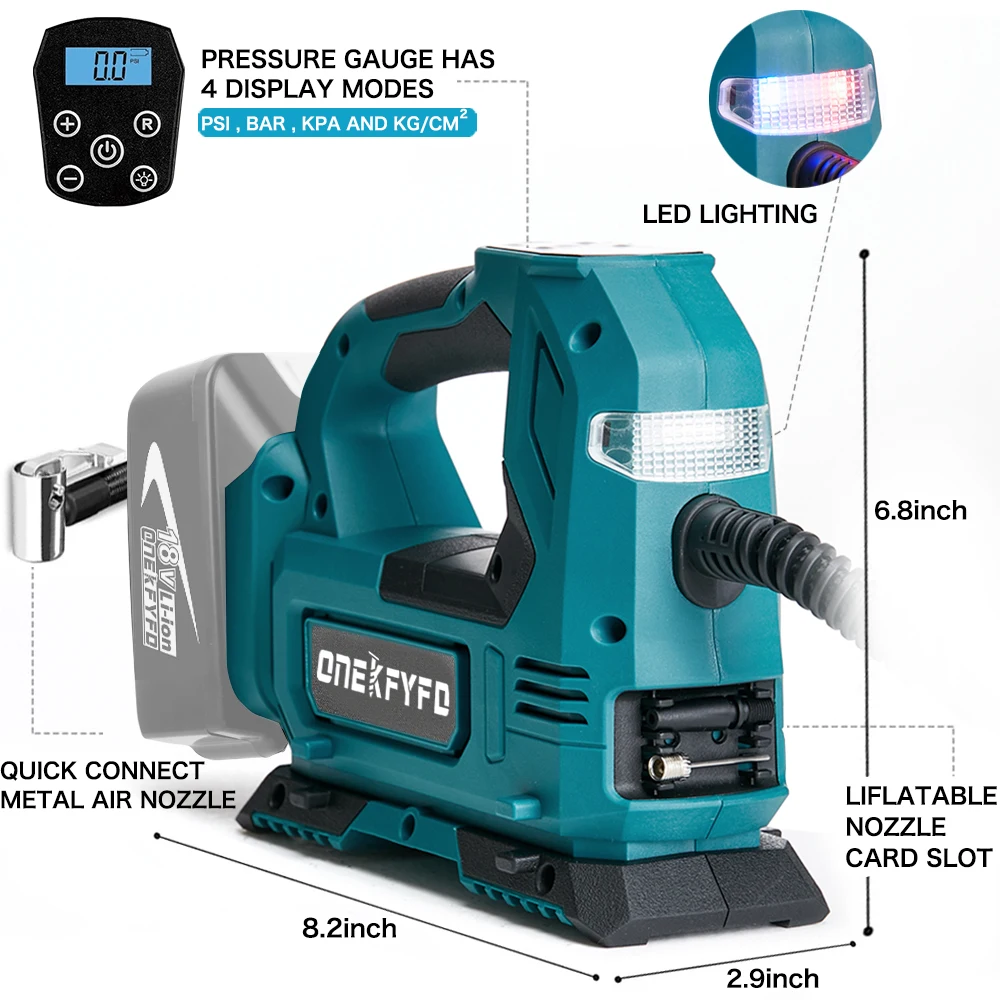 Bomba de ar elétrica portátil sem fio, com medidor de pressão digital, luz led, bomba de pneu de carro para bateria makita de 18v