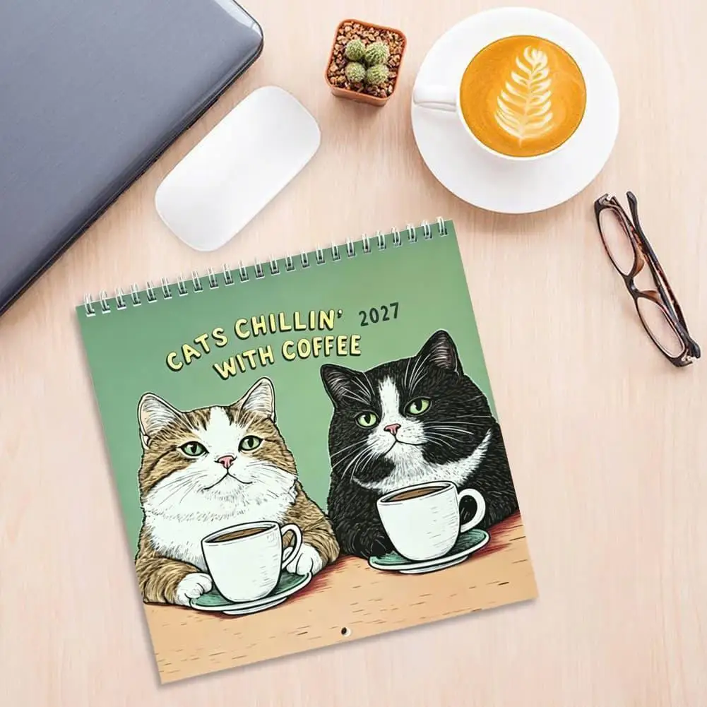 2027 Cute Cat Desk Calendar Coffee Theme Cat Illustration Monthly Planner Spiral Binding Desktop Calendar Home Office Decor