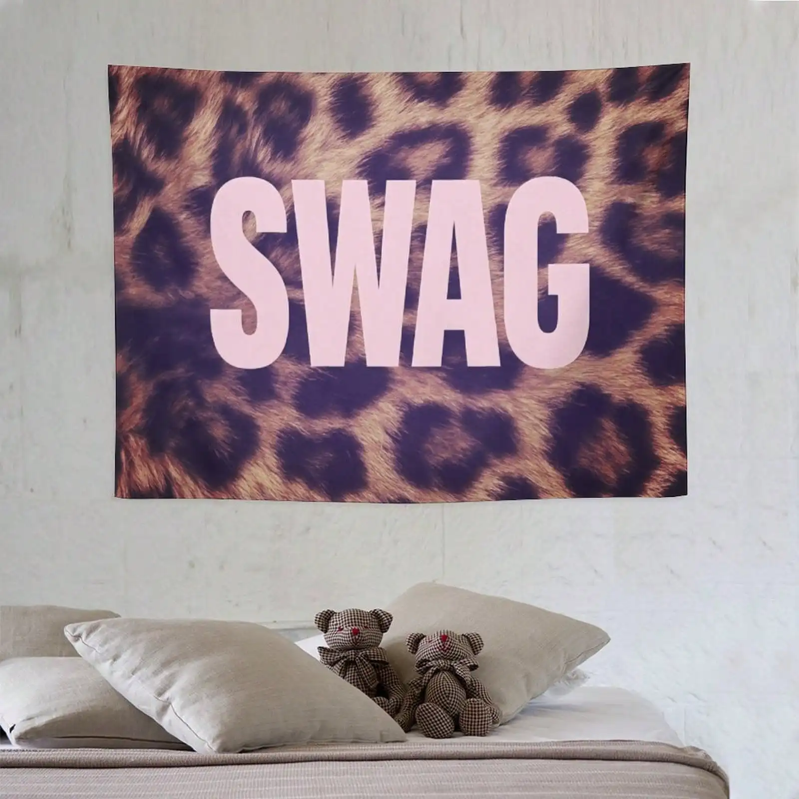 Leopard Print Pink SWAG Slogan Wall Tapestry, Y2K Street Style Wall Hanging For Bedroom Dorm, Perfect Gift For Teens & Streetwear Lovers