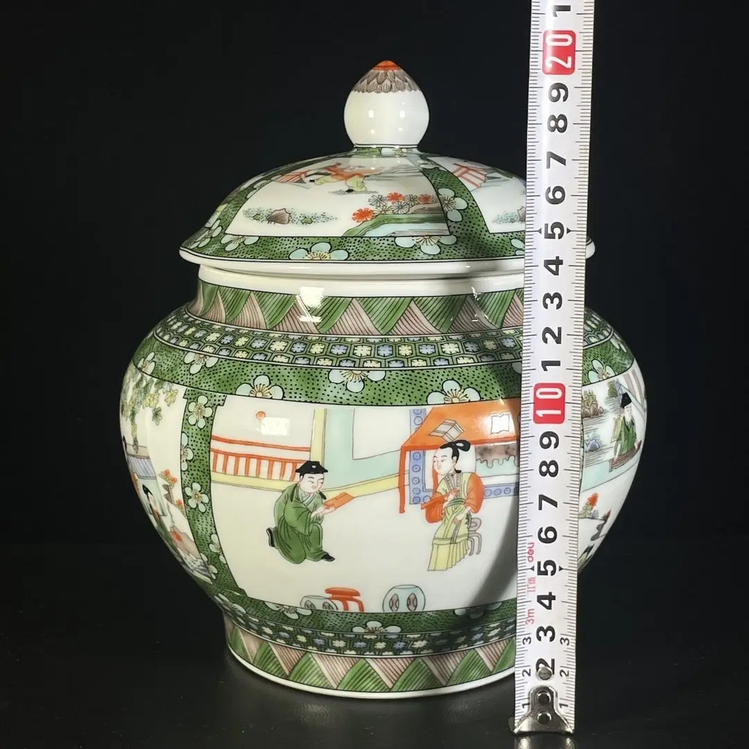 Wenwan Wucai Porcelain Covered Jar, 4-Side Open Window Figure Story Tea Storage Canister Antique Decor