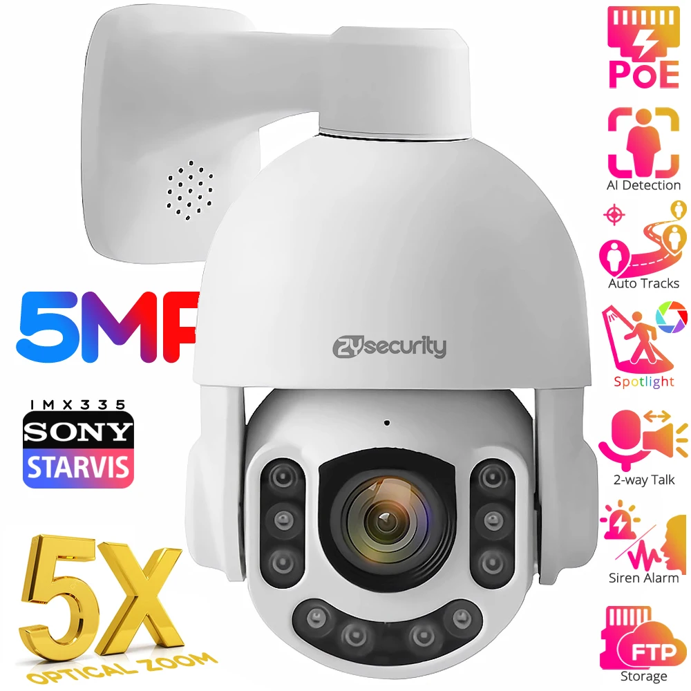 5MP PTZ 5X Optical Zoom PoE Security Camera Outdoor 2-Way Talk Human/Car Detection Auto Tracking Speed Dome IP Cameras CamHipro