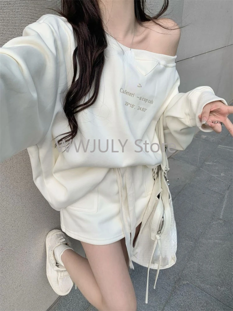 Autumn Winter Sweet Hot Girl Casual Suit Women\'s Off Shoulder Long-sleeved Sweatshirt Mini Skirt Two-piece Set Female Clothes