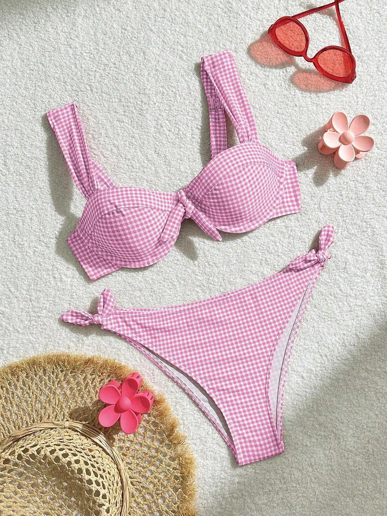 

Сексуальные комплекты бикини в клетку с эффектом пуш-ап и бантом, комплект из двух предметов, стринги с завязками на спине, купальники, пляжная одежда, купальный костюм, купальники, бикини, танкини