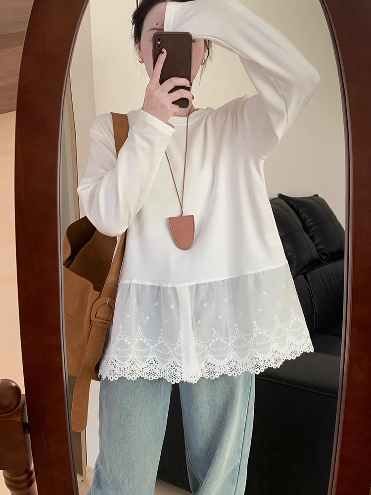 

Versatile Lace Splice T-irt Long Sve round Ne Women's Base irt Top Skin-friendly Breathable Korean Sle Loose Fit