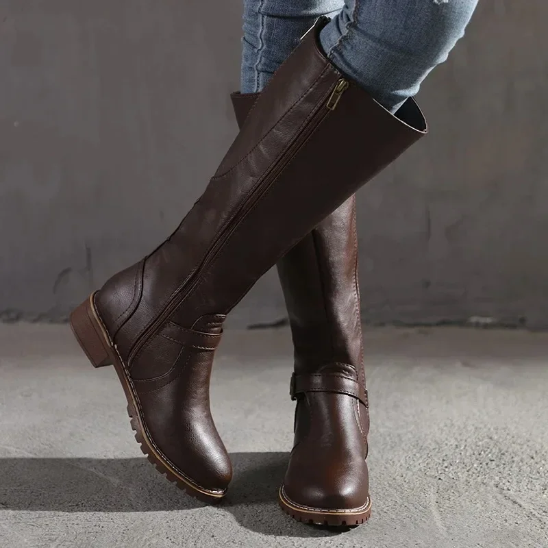 Women Straight Boots Vintage Leather Long Knight Boot Square Heel Knee High Boot Buckle Zipper British Style Winter Female Shoes