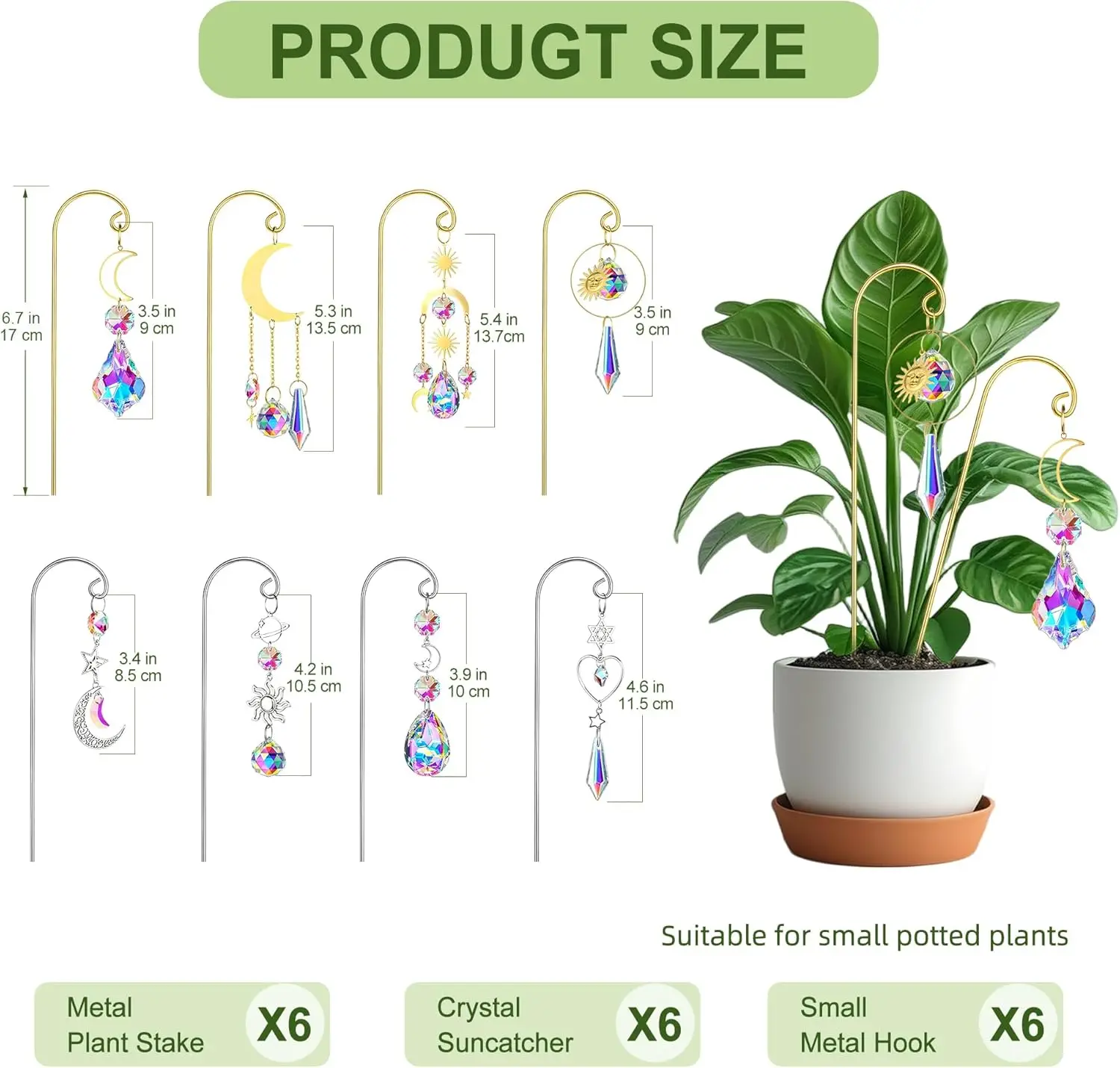 4Pcs Gold Plant Stakes with Suncatcher Small Trellis for Mini Potted Plants Golden Stakes Sun Catchers Garden Home Decor
