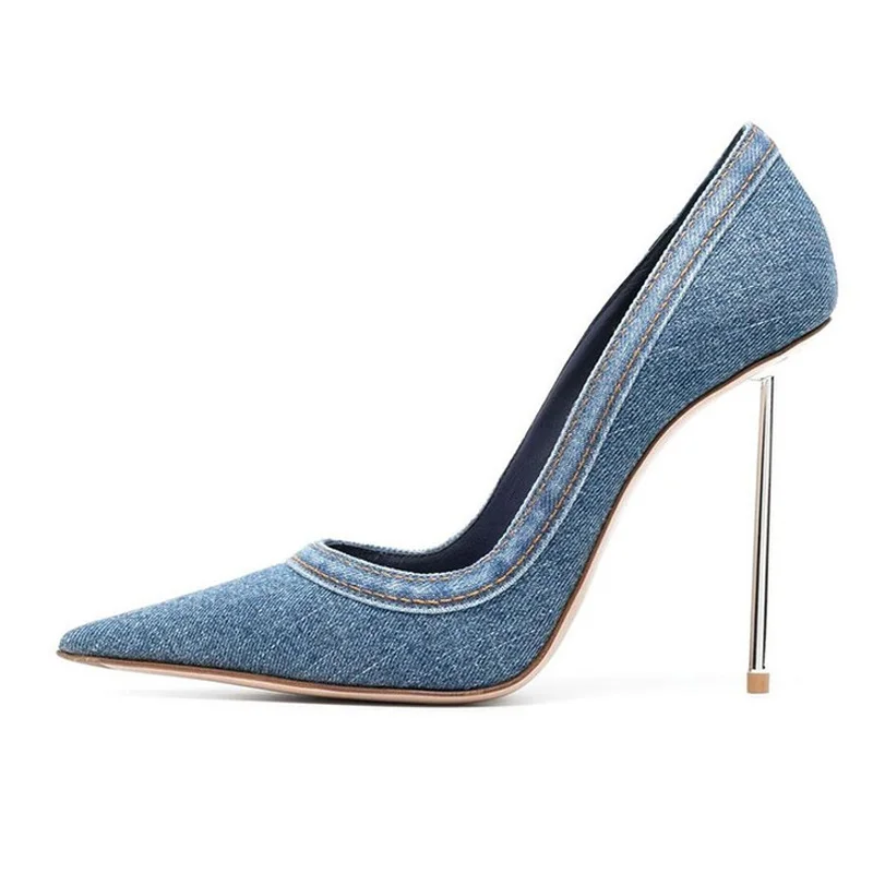 2025 Sexy  Denim Pumps Sexy Women High Heels  Pointed Toe Dress Ultra High Heel Shoes Office Pumps Blue Sandals Size 34-45