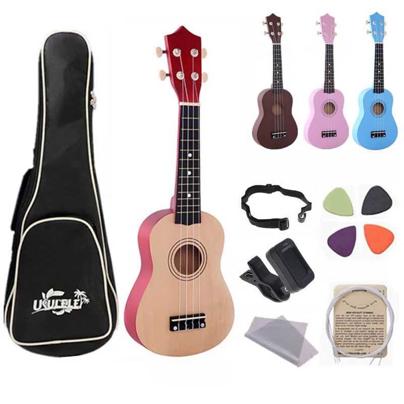 

21 Inch Soprano Ukulele Hawaii 4 String Guitar Picks Tuner Ukelele Bag Strap Set for Beginners Children Kids Christmas Gifts