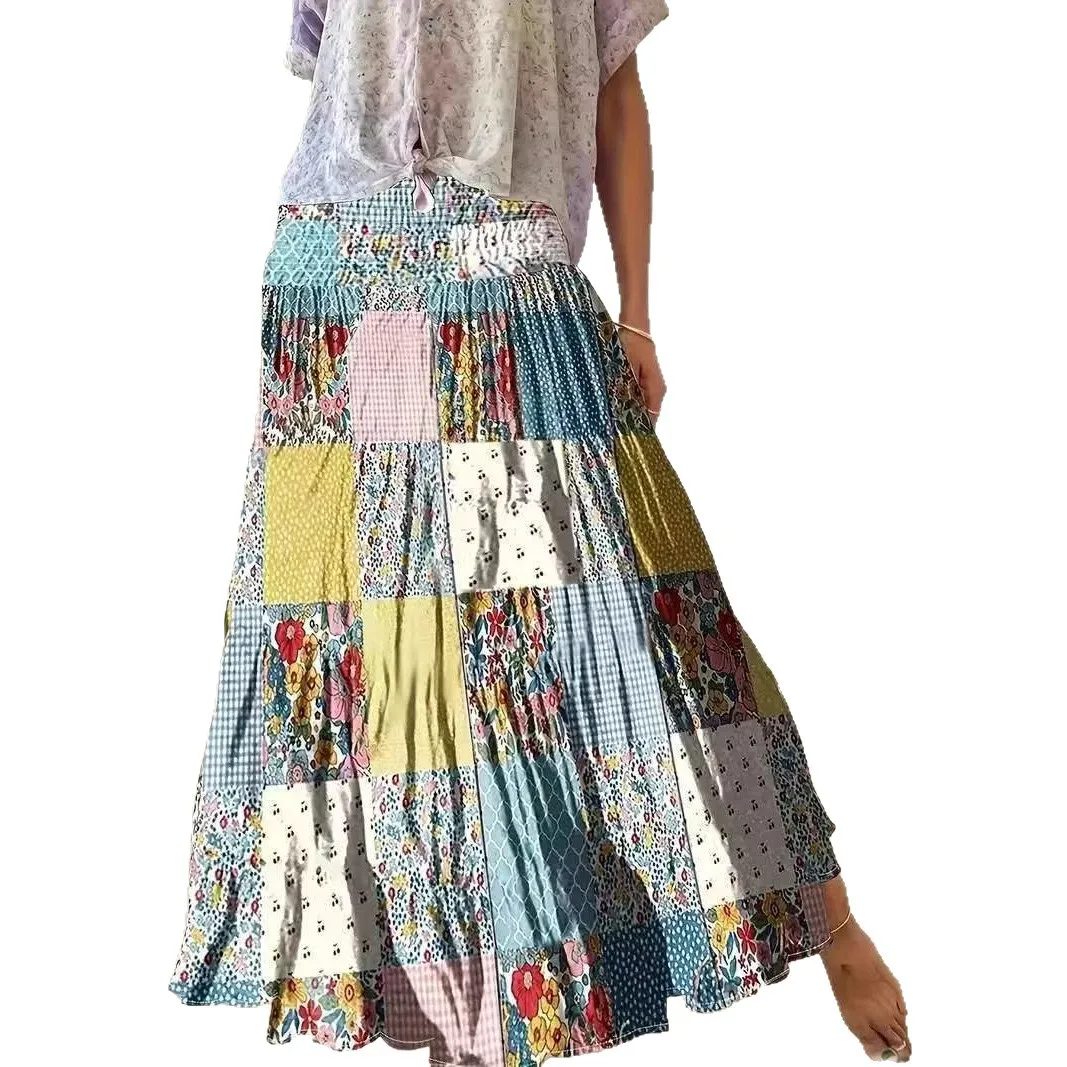 Europe, America, Amazon Cross-border Printing Splicing Women's Clothing Popular Floral Skirt Long Skirt Cw31985