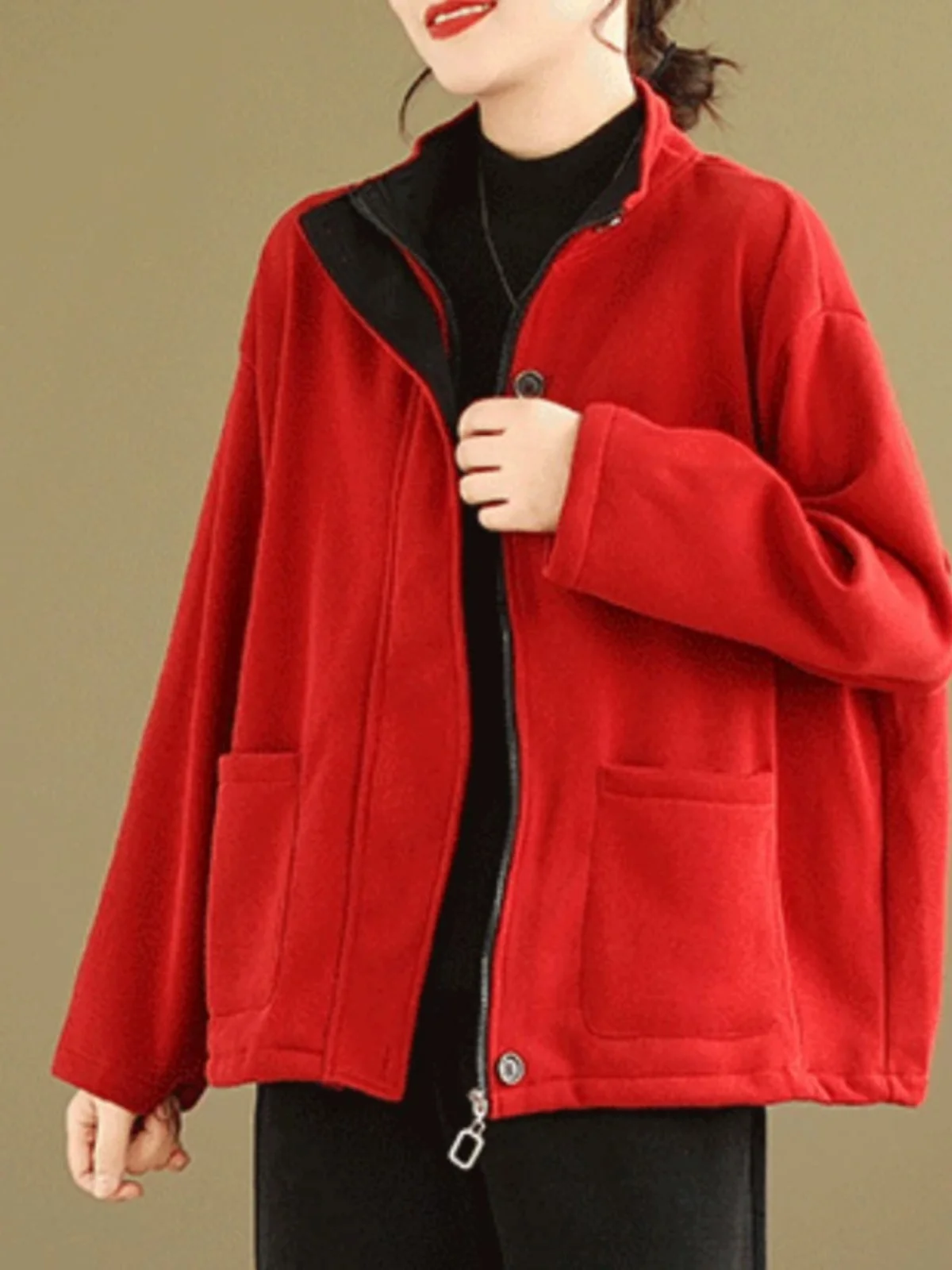 Cardigan da donna con colletto alla coreana foderato in Fce, capispalla casual allentato e caldo, vintage Faion autunno inverno