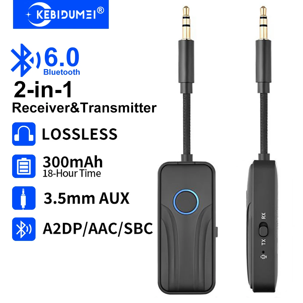 KEBIDUMEI 2-in-1 Bluetooth 6.0 AUX Audio-Empfänger-Sender, kabelloser Adapter 3,5 mm mit Mikrofon, HiFi-Stereo-Musik für Auto, TV, PC