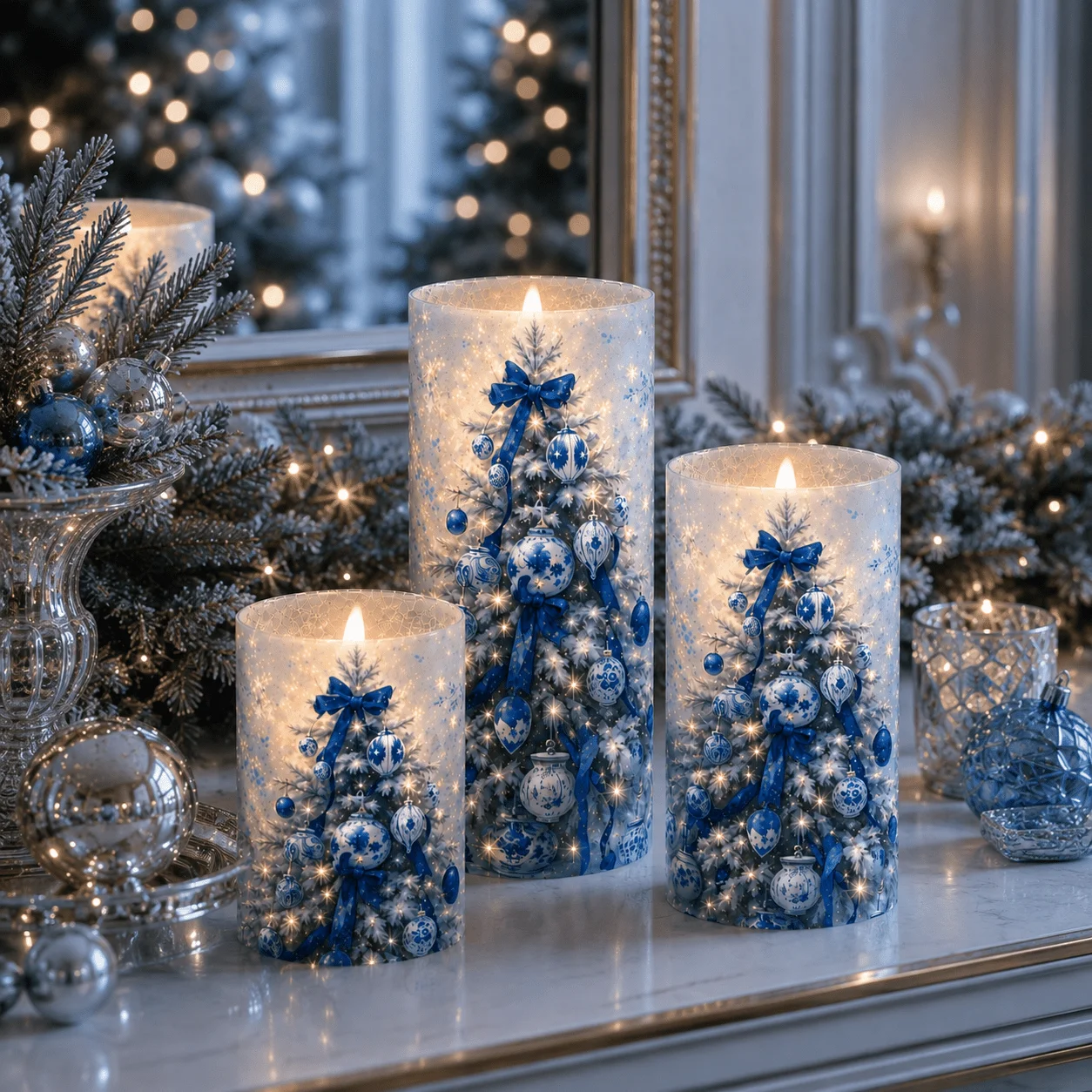 3pcs Blue And White Porcelain Christmas Flameless Candles, Elegant Snowy Tree Pattern Flickering Candle Lights, Holiday Table Centerpiece Decor for Living Room, Fireplace Mantel, Bedroom & Winter Home Decoration