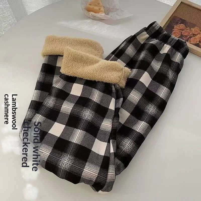 Women's Black White Plaid Pants 2026 Autumn Winter New Lamb Fleece Wide Leg Pants High Waist Straight Leg Korean Style Student
