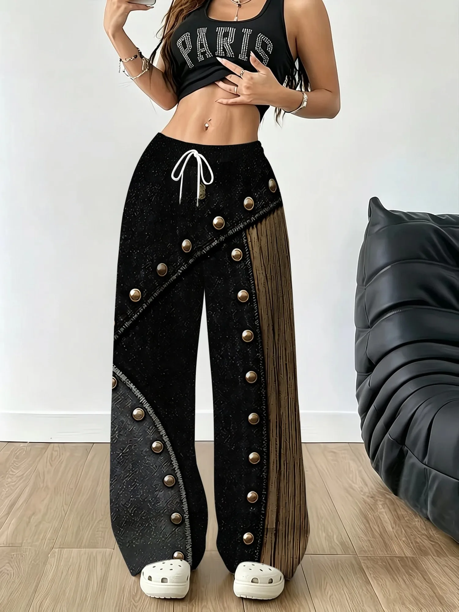 Women Low Waist Wide Leg Pants Asymmetric Patchwork Rivet Button Print Elastic Drawstring Loose Western Street Trousers