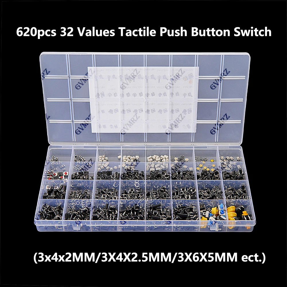 620PCS 32 Values Tactile Push Button Switch SMD Micro Momentary Tact Switch Assortment Kit with Box for Car Remote Control
