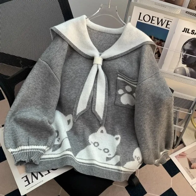 

MAGOGO студенческий стиль милый темно-синий воротник с кошачьим узором пуловеры свитер женский осень-зима Kawaii свободный крой свитер большого размера