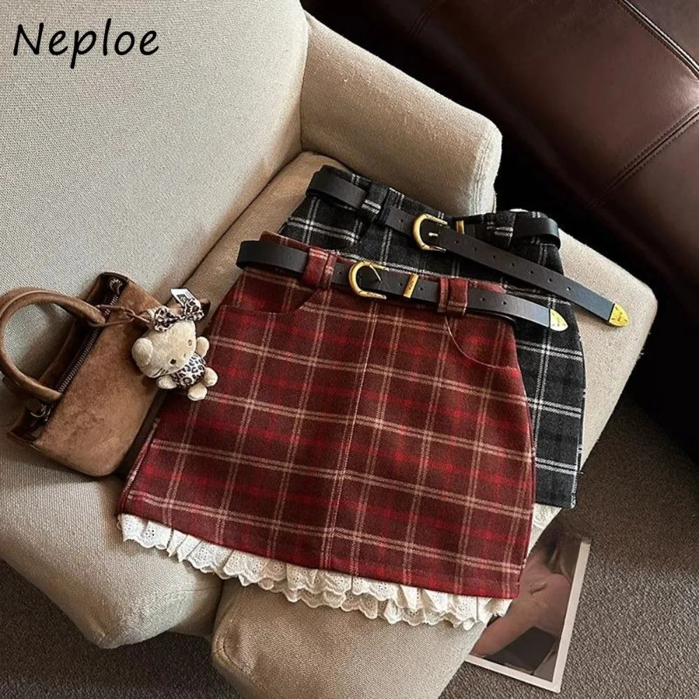 Neploe Europe Student Preppy Style A-line Short Faldas High Waist Vintage Plaid Lace Mujer Skirt Bodycon Belt All-match Faldas