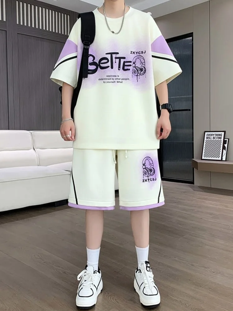 Conjunto Esportivo Masculino Juvenil Tamanho Grande: Camiseta de Manga Curta e Shorts Casual Solto e Estiloso para o Verão em...