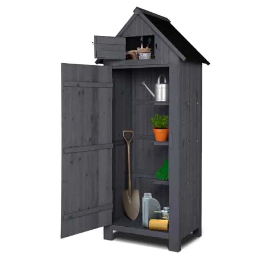 Outdoor Wooden Storage Shed, Garden Shed Outside Tool Cabinet with Safety Latch, Patio Storage Organizer Dark Grey