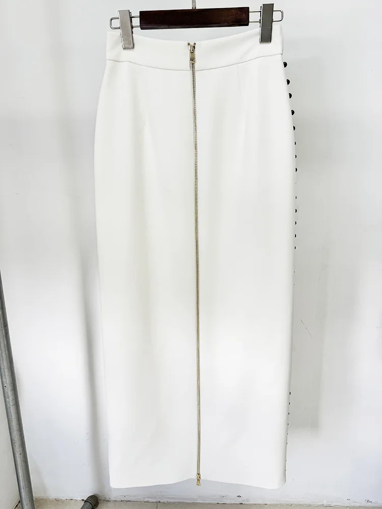 Runway Brand Designer Two Piece Set Women White Jackets Beaded Skirts Suits Stand Zipper Midi Long Pencil Skirts 2pcs Outfits