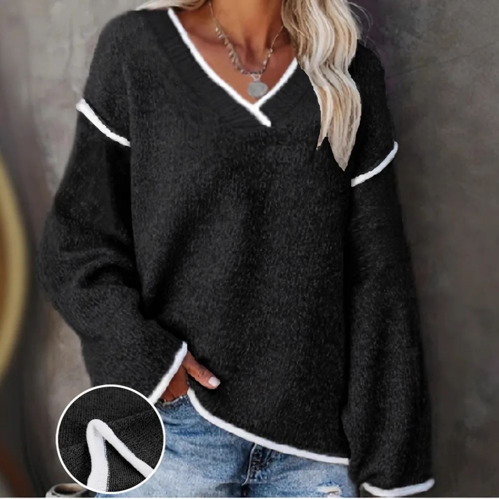 Neuer Damen-Strickpullover mit V-Ausschnitt, weißer Besatz, Übergröße, lässige Mode, Bohemian-Top für Herbst und Winter, schicke Y2K-Kleidung