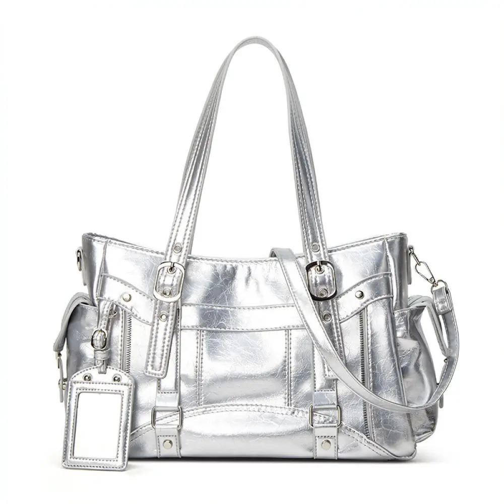 Streetwear Large Capacity Tote Bag Women Pu Leather Handbag Fashion Motorcycle Style Shoulder Bag Crossbody Satchel