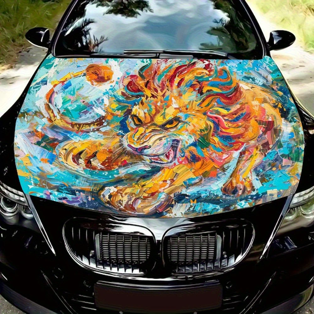 

Красочные наклейки на автомобильный чехол с изображением льва, обернутые виниловой пленкой, капот двигателя, водонепроницаемая и легко приклеиваемая защитная пленка для автомобильного чехла