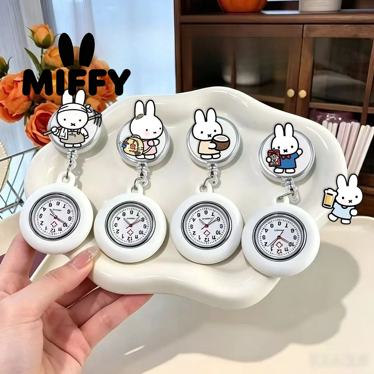 Cute Miffy Bunny Pocket Watch Cartoon Rabbit Retractable Clip-On Clock Kawaii Portable Lapel Watch Gift for Students Nurses