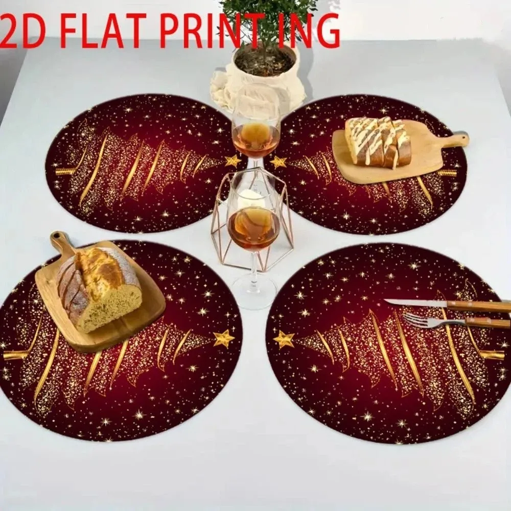 4pcs Santa Claus Christmas Table Placemat Snowman Elk Coaster Round Dining Mat Non Slip Tree Xmas Table Mat Christmas Party