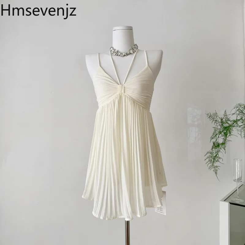

Hmsevenjz French Chiffon Camisole Women's Summer Vacation Style Mesh Slimming Pleated A-line Strap Top Fashion Female Clothes