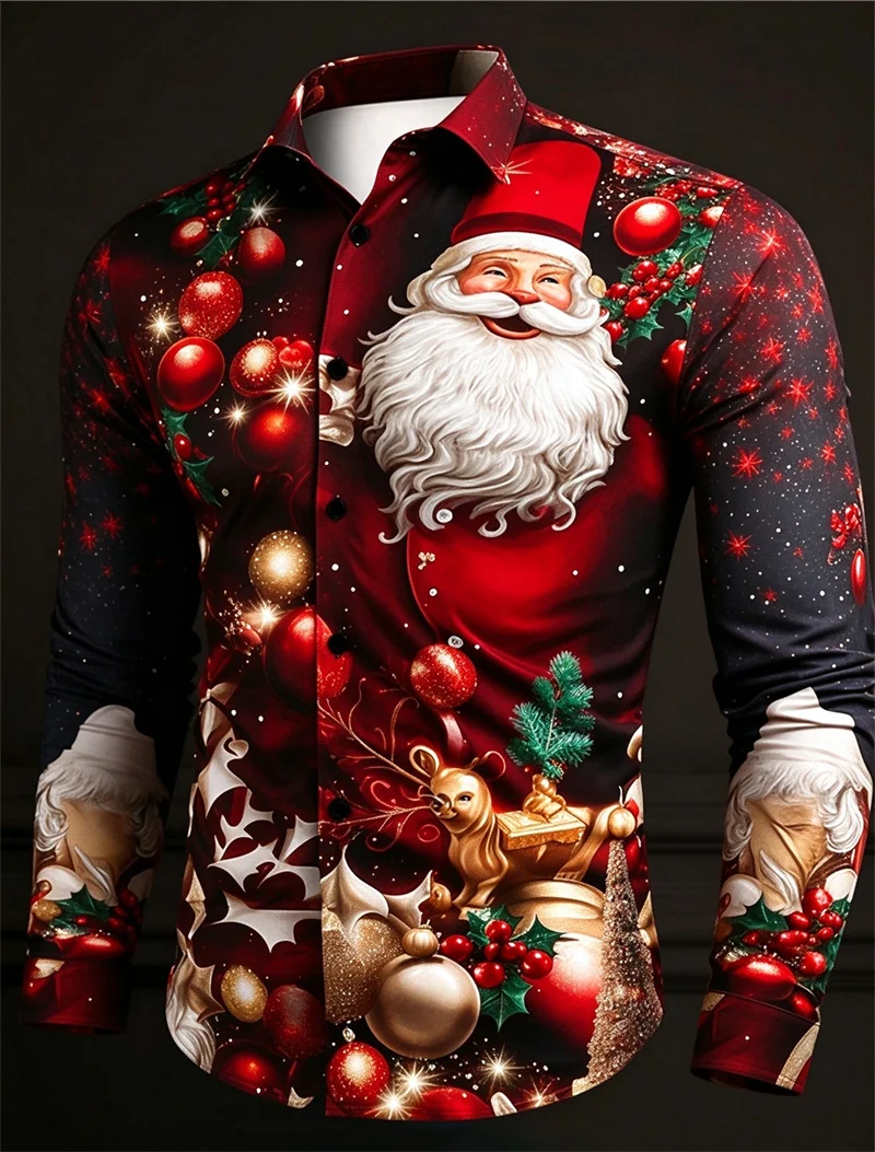 New men's wine red Christmas tree snowflake print long sleeved shirt with lapel buttons, holiday casual shirt