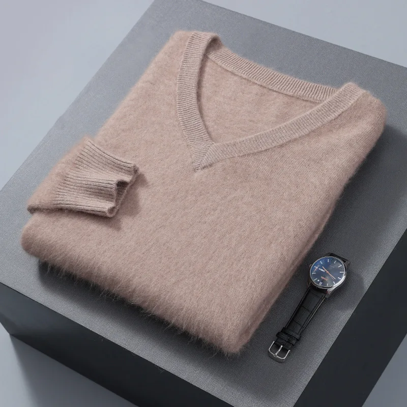 

Autumn and Winter MenVCollared Mink Wool Sweater Solid Color Pullover Sweater Plus Size Warm Base Knitted Wool Sweater