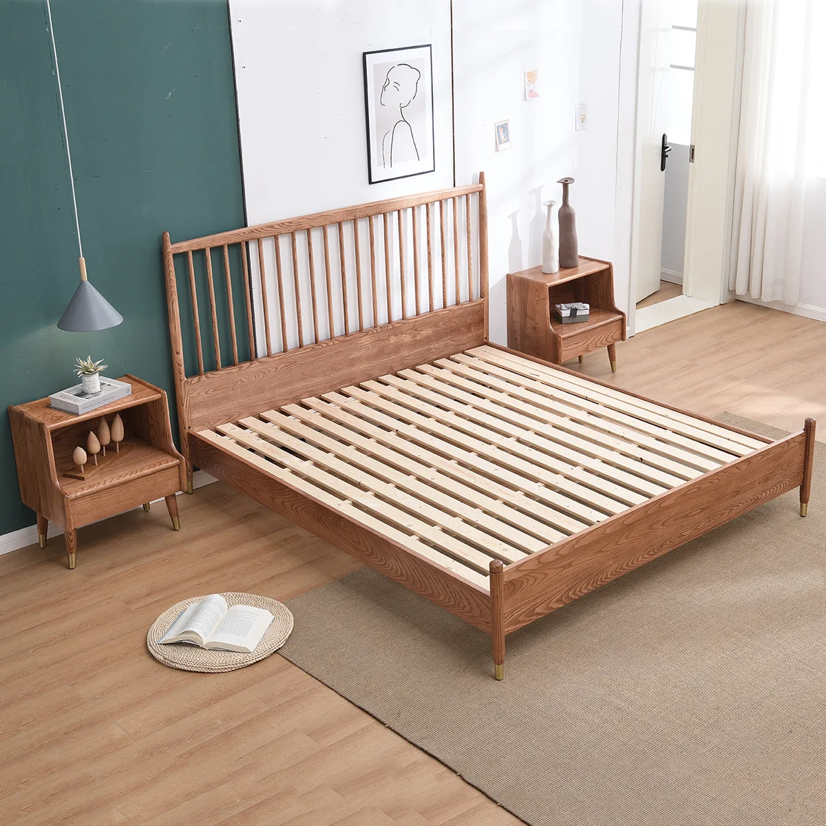 Nordic style celebrity princess bed Japanese-style small apartment bedroom log single double copper feet Windsor bed