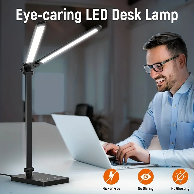 Double Head LED Desk Lamp,Dual Swing-arm Table Lamp for Home Office,5 Color Modes and 5 Dimmable,Modern Eye-Caring Piano Lamp