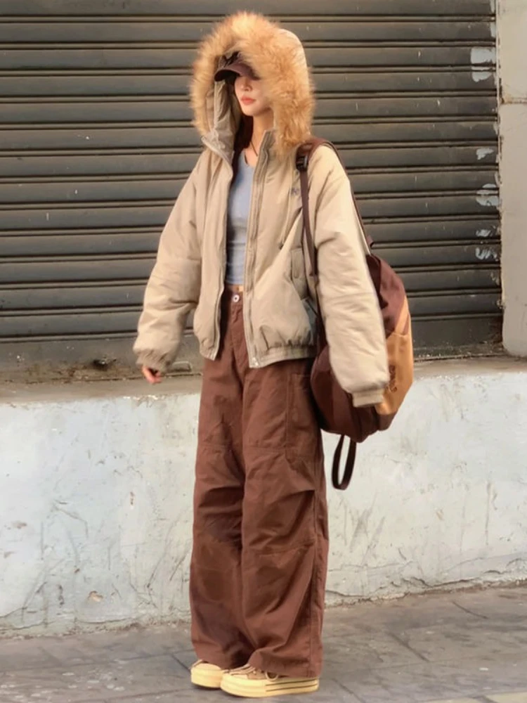 American Retro Style Long Sleeve Short Hooded Parkas Women Pure Color Vintage Coat Zipper Faux Fur Collar Jacket 2025 Autumn