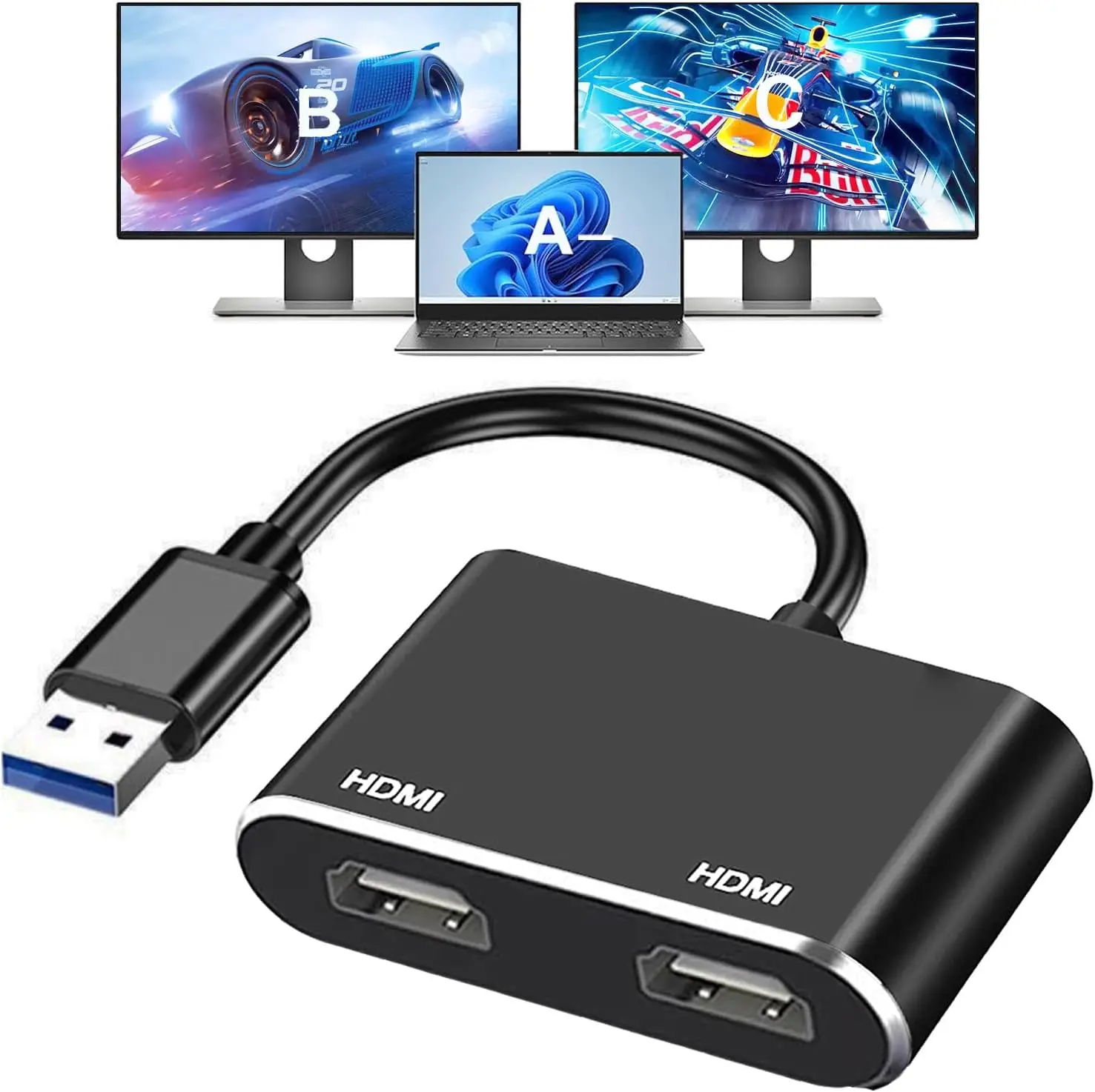 USB 3.0 Dual for HDMI Adapter Full HD Audio Video Graphics Converter Cable Compatible Windows 7/8/8.1/10/11  Monitor USB Display