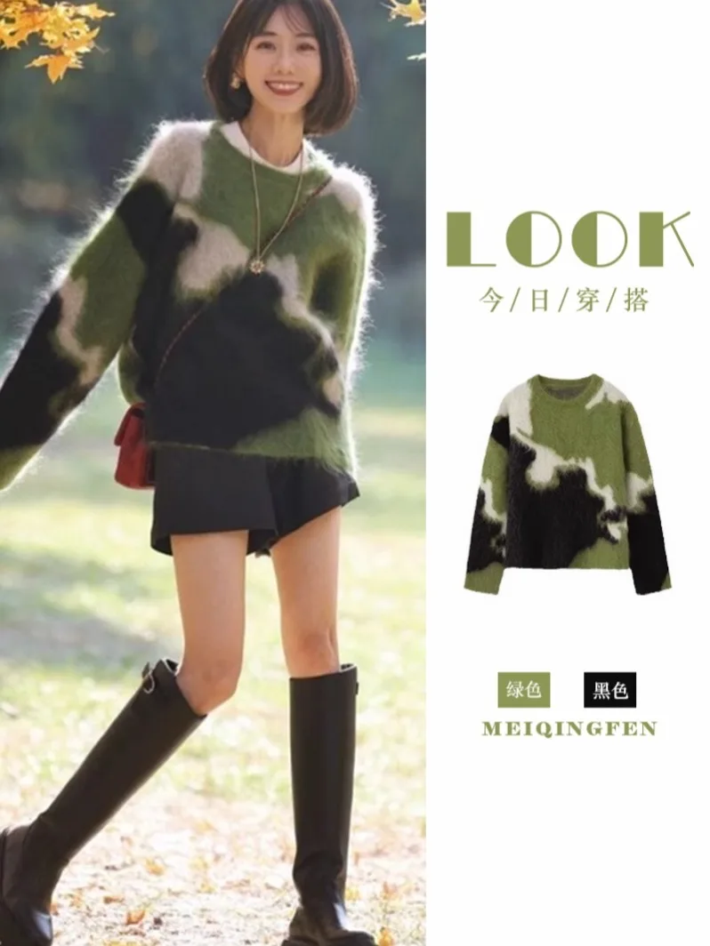 

Navy Green Mohair Lazy Oaf Pullover Feminino Autumn Crop Knitted Sweater Winter Clothes Women Harajuku Korean Cute Blusa Termica