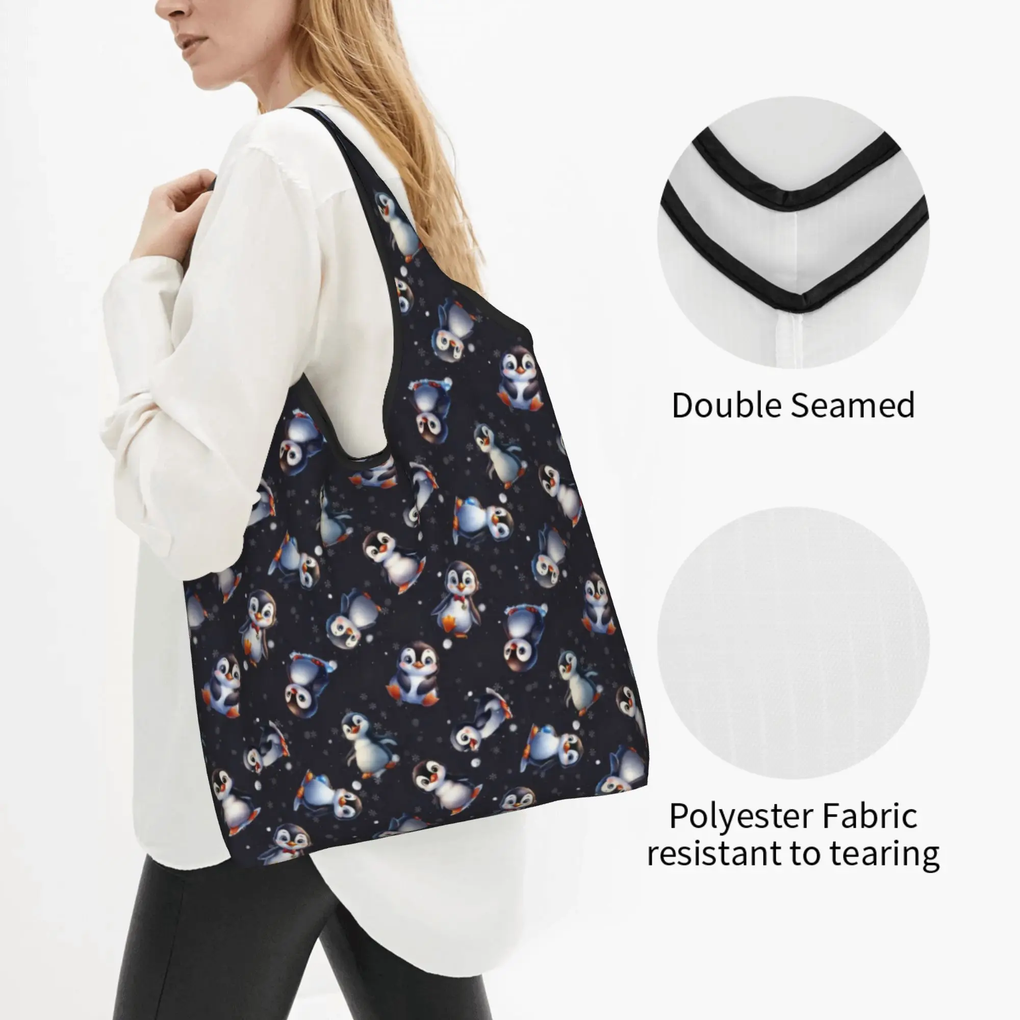Penguin Cute  Animal  Grocery Shopping Bag Kawaii Shopper Shoulder Tote Bags Big Capacity Portable Aquatic Seabirds  Handbag