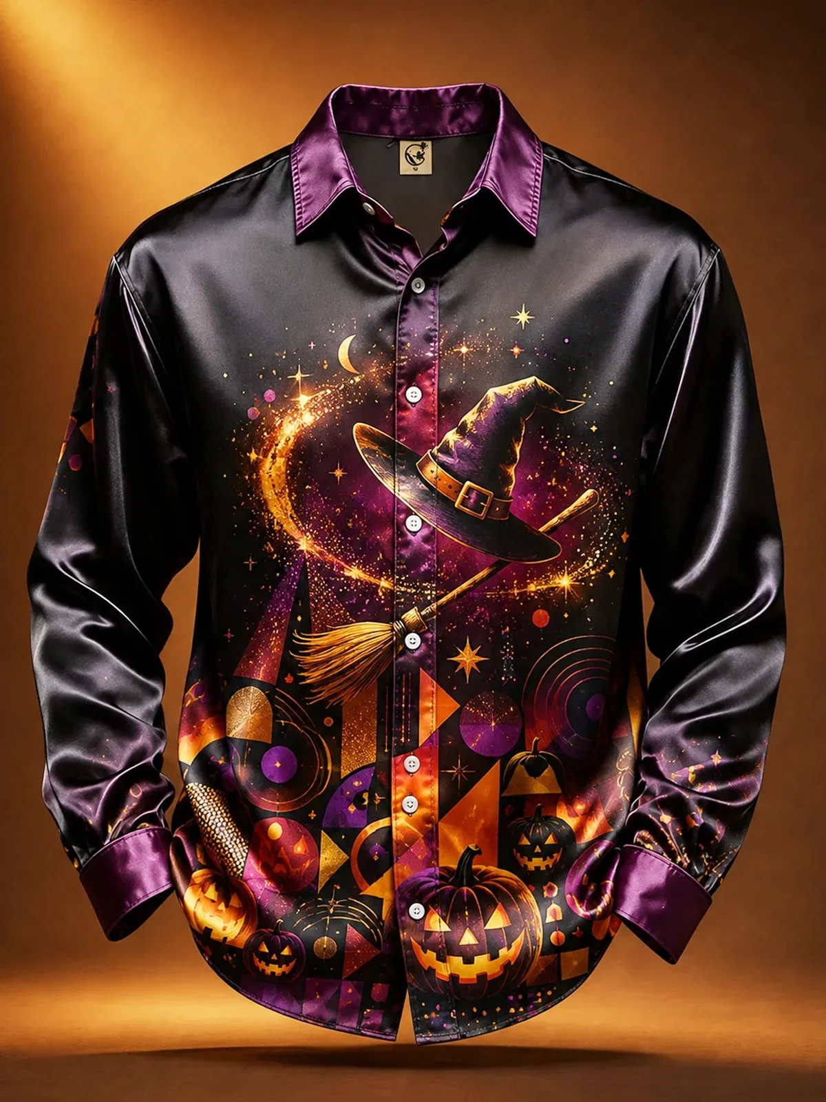 Men Satin 3D Print Long Sleeve Shirt Halloween Ghost Skeleton Potion Star Lapel Casual Shirt