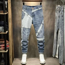 남성용 레트로 블루 스플라이싱 청바지, 디자이너 탄성 슬림 찢어진 청바지, 빈티지 바지, 힙합 데님 바지, 스트리트 패션